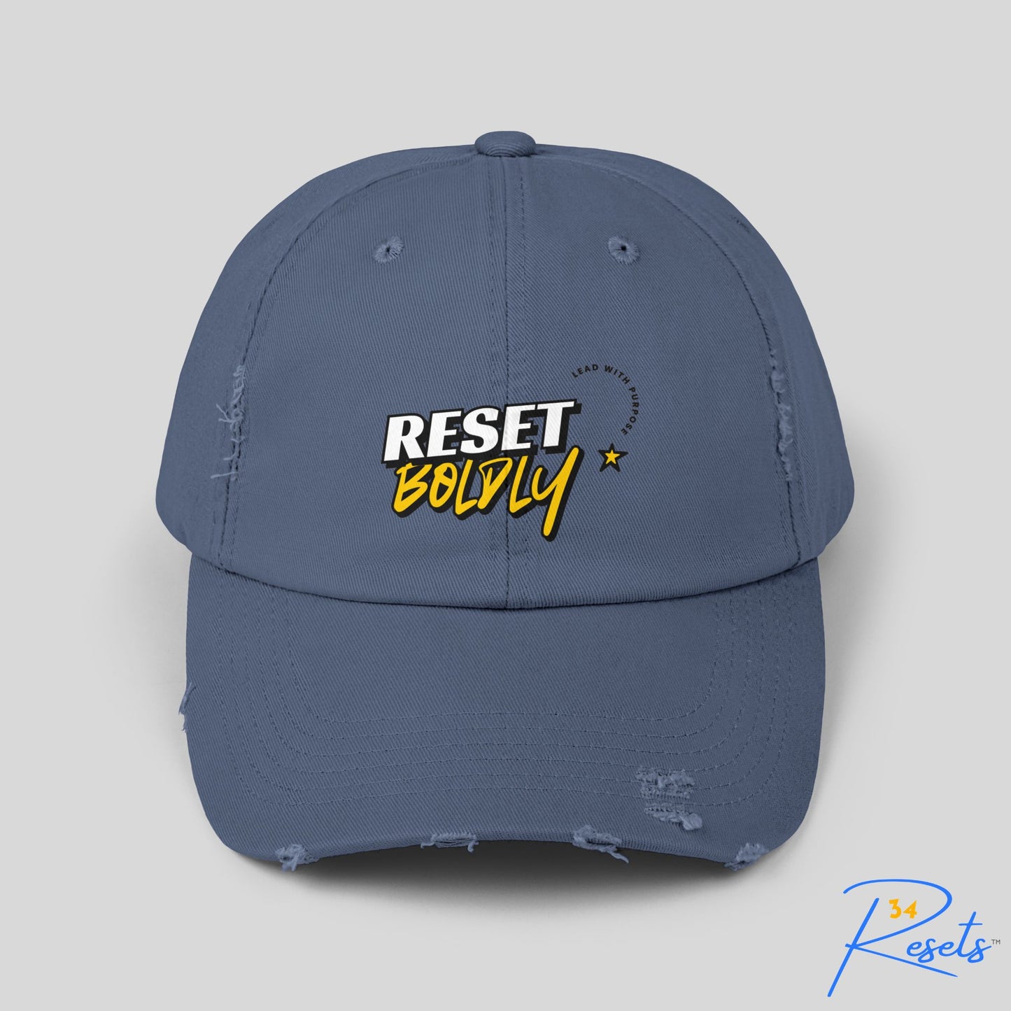 34Resets™ "Reset Boldly. Lead with Purpose." Distressed Hat – Rugged Style, Bold Motivation