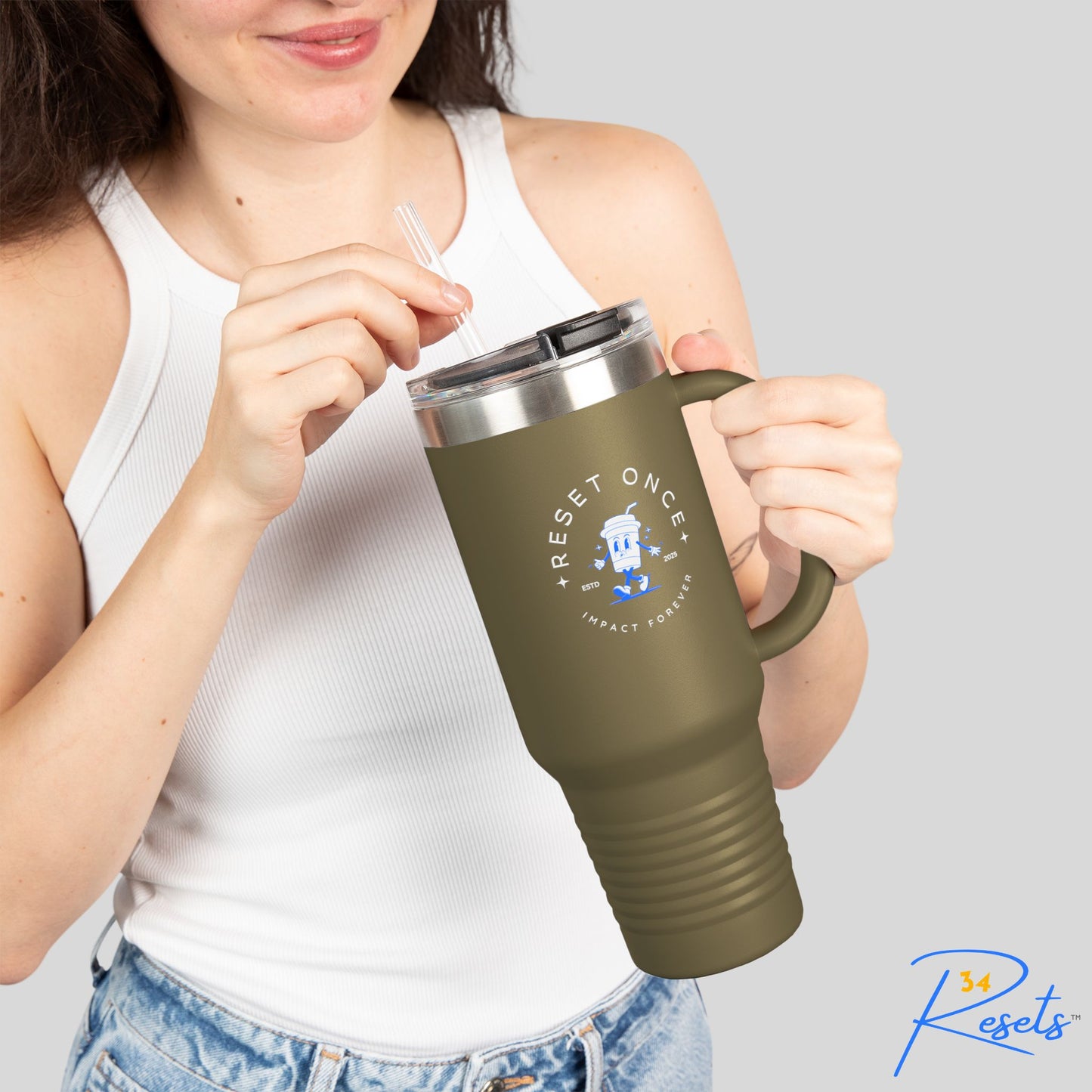 34Resets™ "Reset Once, Impact Forever" Insulated Travel Mug – Motivational Adventure Essential