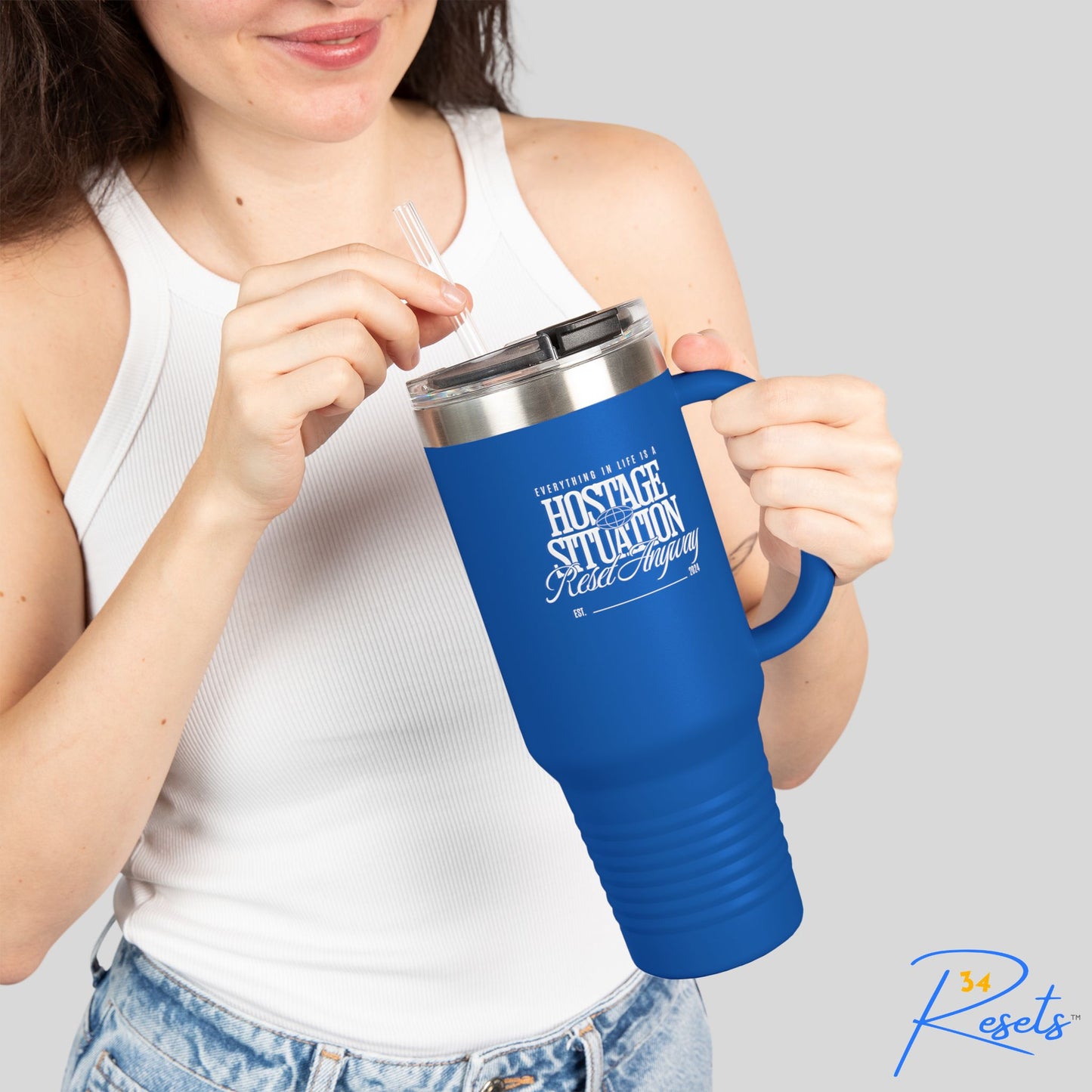 34Resets™ "Hostage Situation – Reset Anyway" Insulated Travel Mug – Motivational Adventure Essential