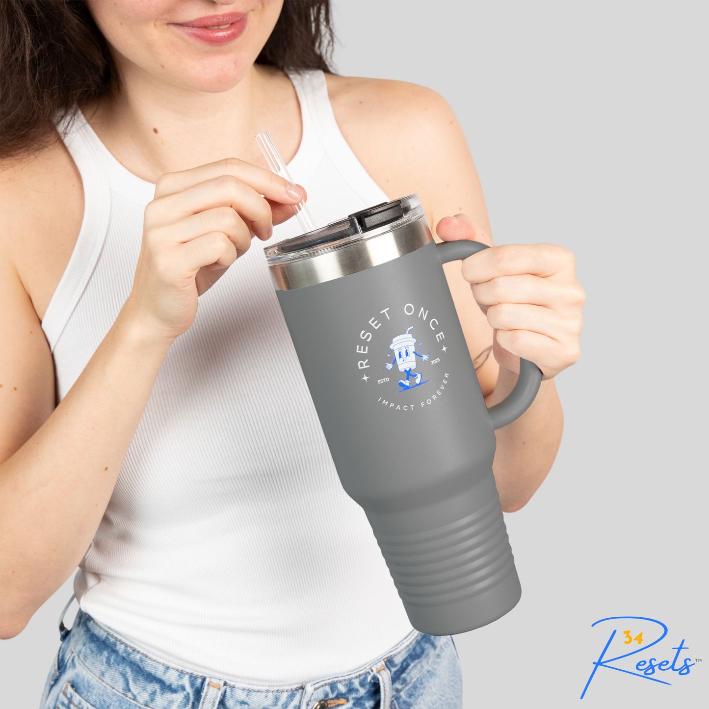 34Resets™ "Reset Once, Impact Forever" Insulated Travel Mug – Motivational Adventure Essential