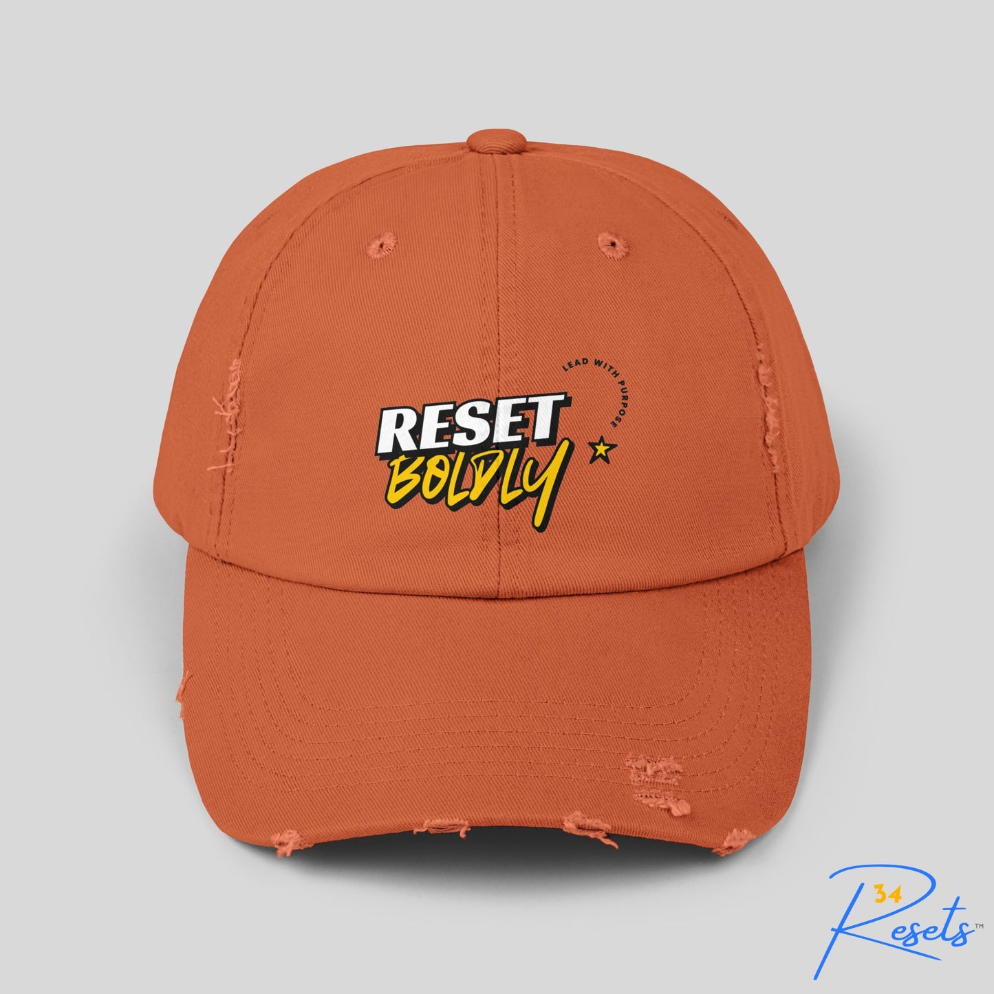 34Resets™ "Reset Boldly. Lead with Purpose." Distressed Hat – Rugged Style, Bold Motivation